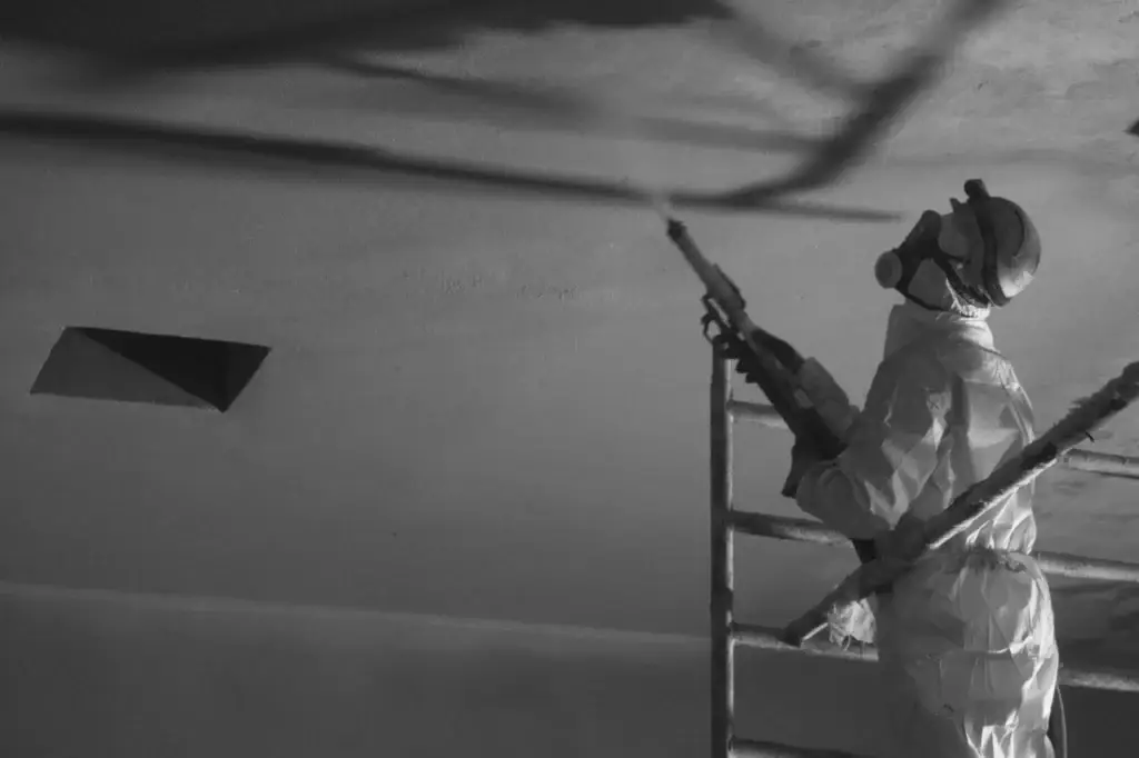 Medewerker in beschermende overall brengt een coatingsysteem aan op een betonnen plafond met een spuitinstallatie vanaf een werkplatform, tijdens renovatiewerken.